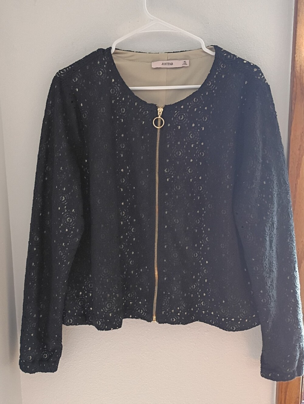 JustFab Black Lace Zip-Front Blazer with Gold Ring Pull
